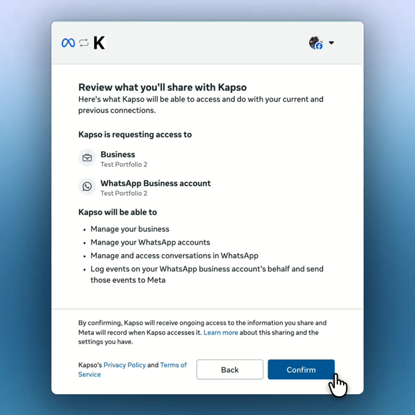 Meta shows the permissions Kapso will receive for the selected business and WhatsApp account.