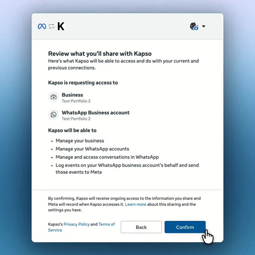 Meta shows the permissions Kapso will receive for the selected business and WhatsApp account.