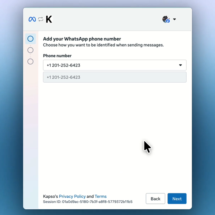 Meta shows the selected pre-verified number and an enabled Next button.