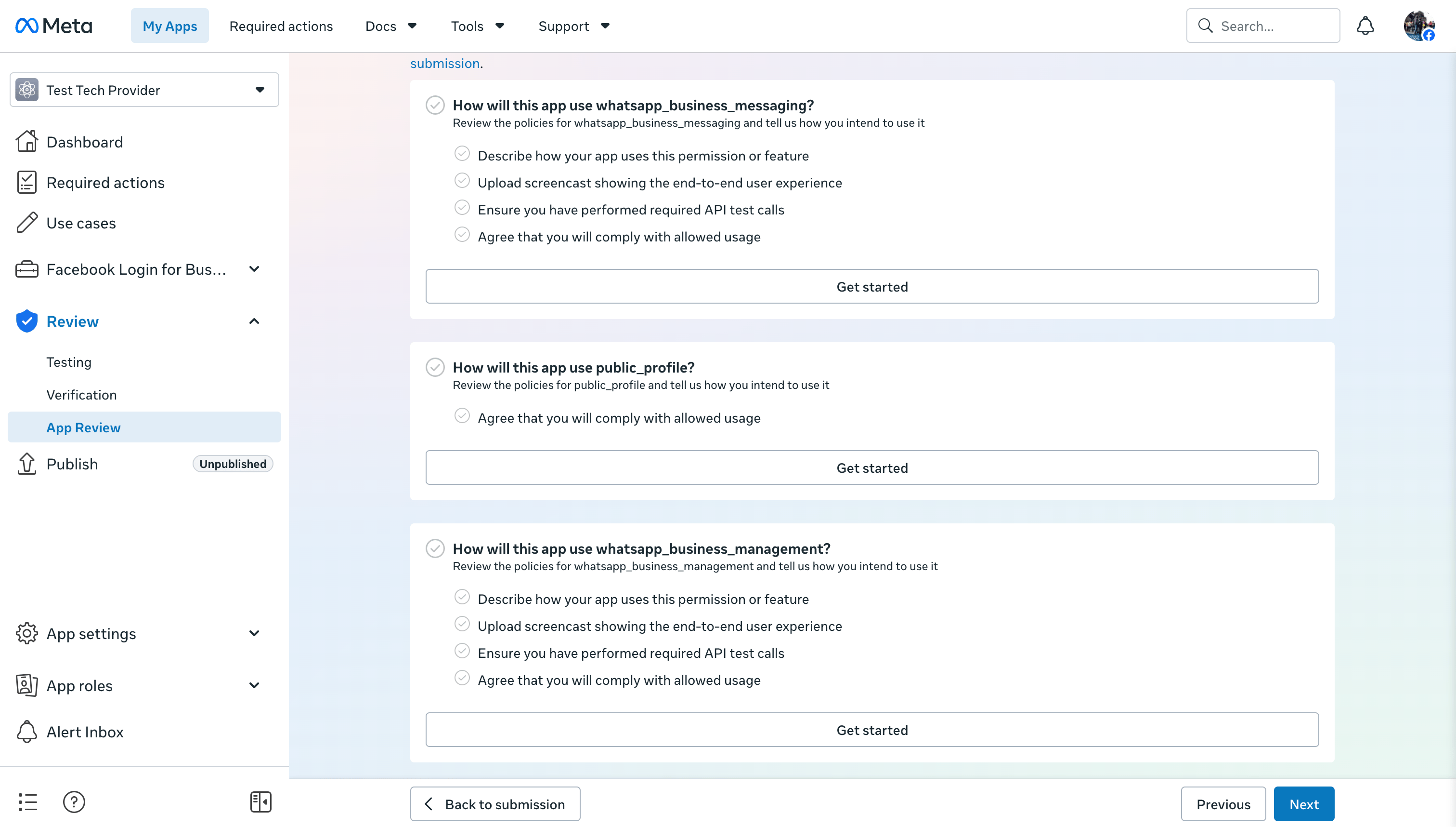 Meta App Review Allowed usage cards for whatsapp_business_messaging, public_profile, and whatsapp_business_management.