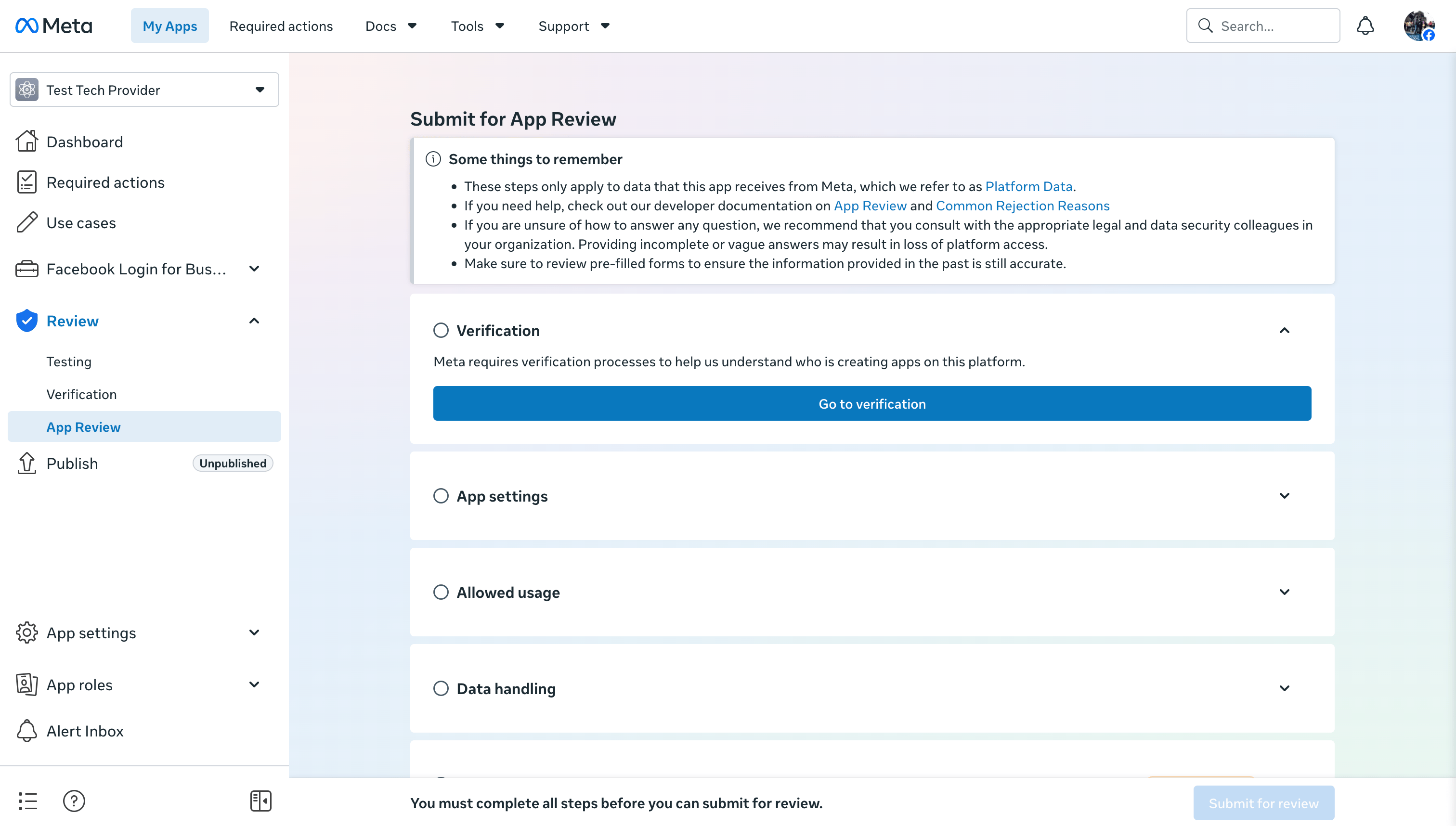 Meta App Review checklist with Verification, App settings, Allowed usage, Data handling, and Reviewer instructions.