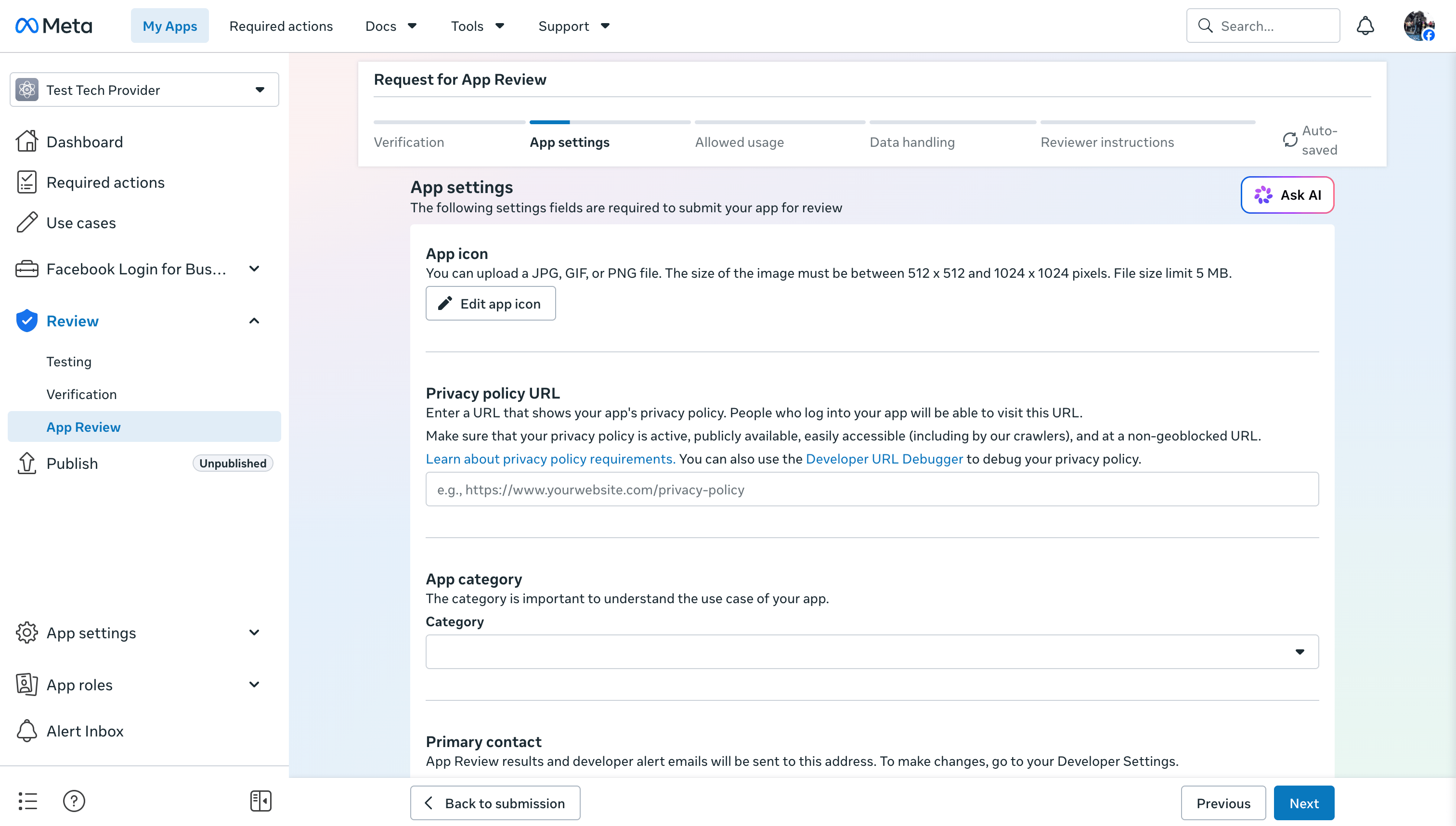 Meta App Review App settings step with app icon, privacy policy URL, app category, and primary contact fields.