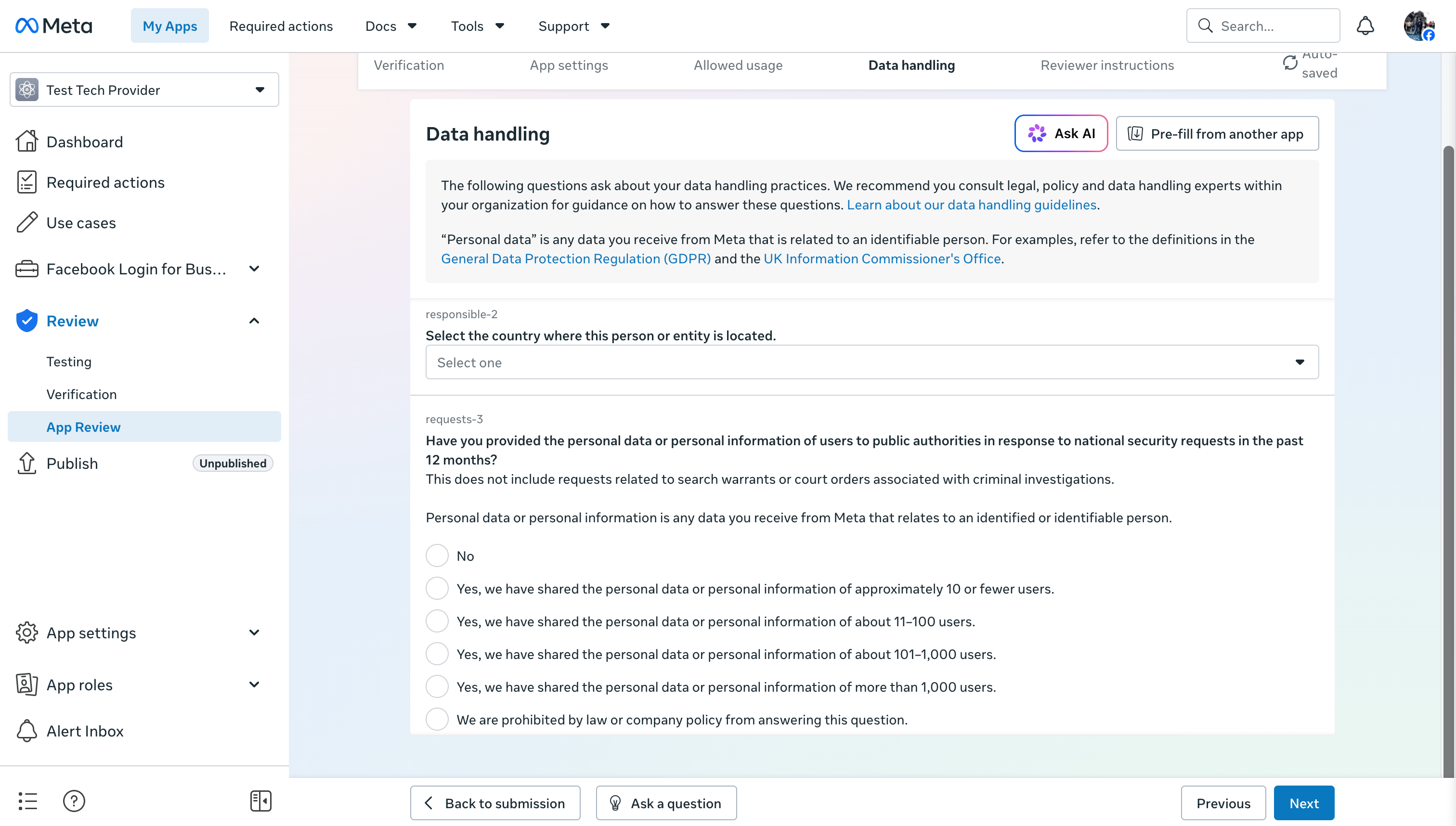 Meta App Review Data handling step asking for responsible entity country and public authority request history.