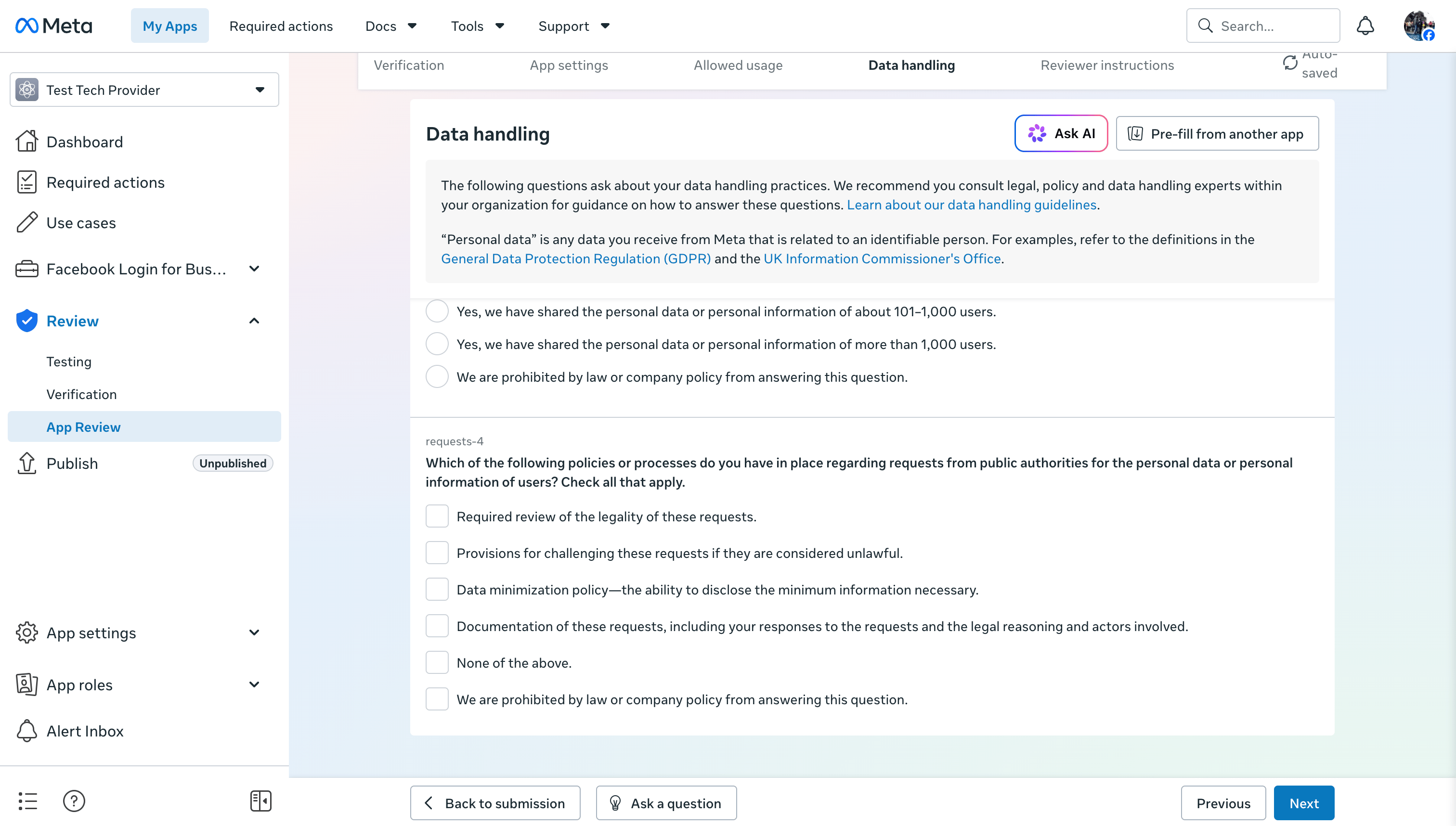 Meta App Review Data handling question about policies for public authority requests.