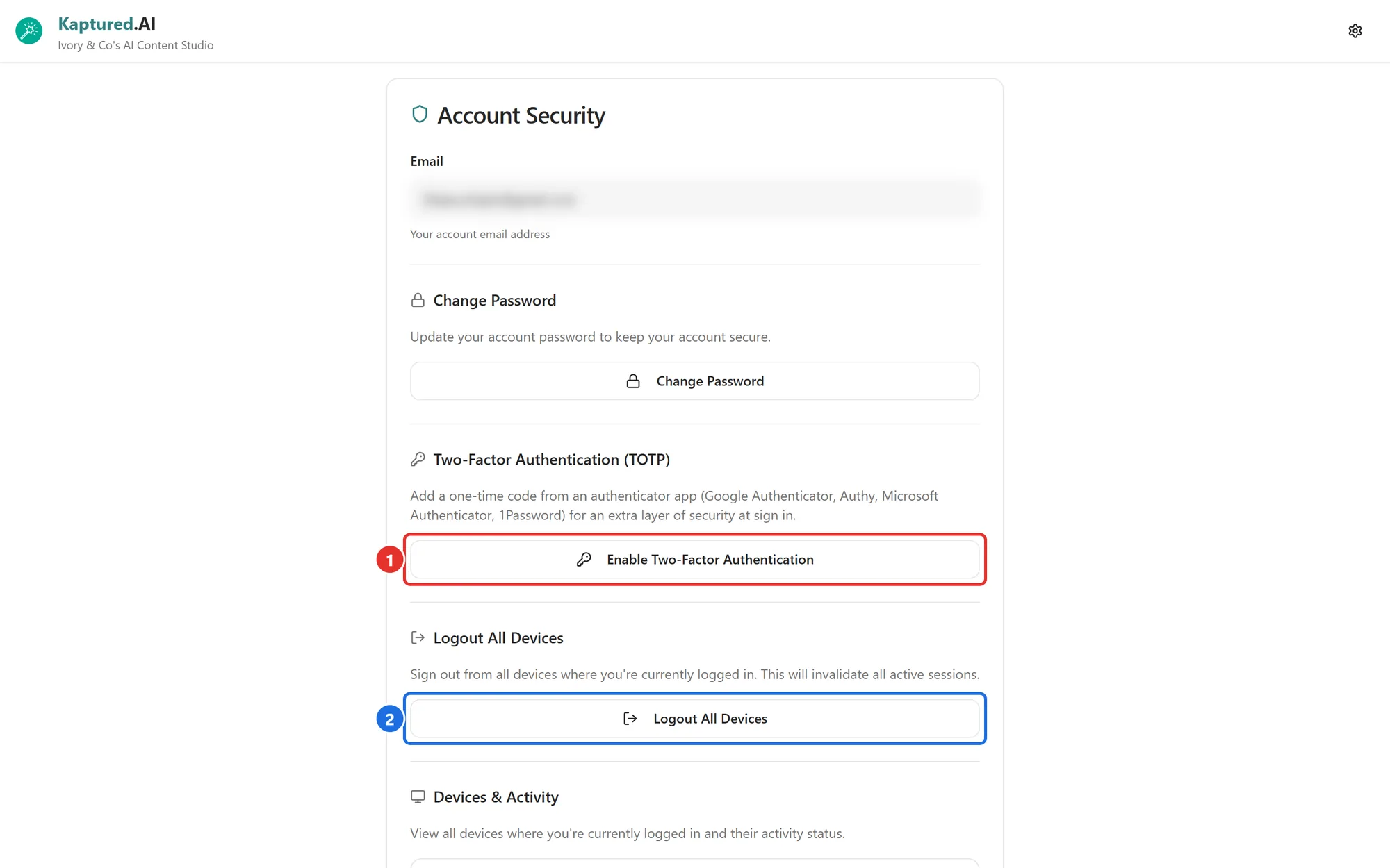 Account Security page with Change Password, Two-Factor Authentication and Logout All Devices sections