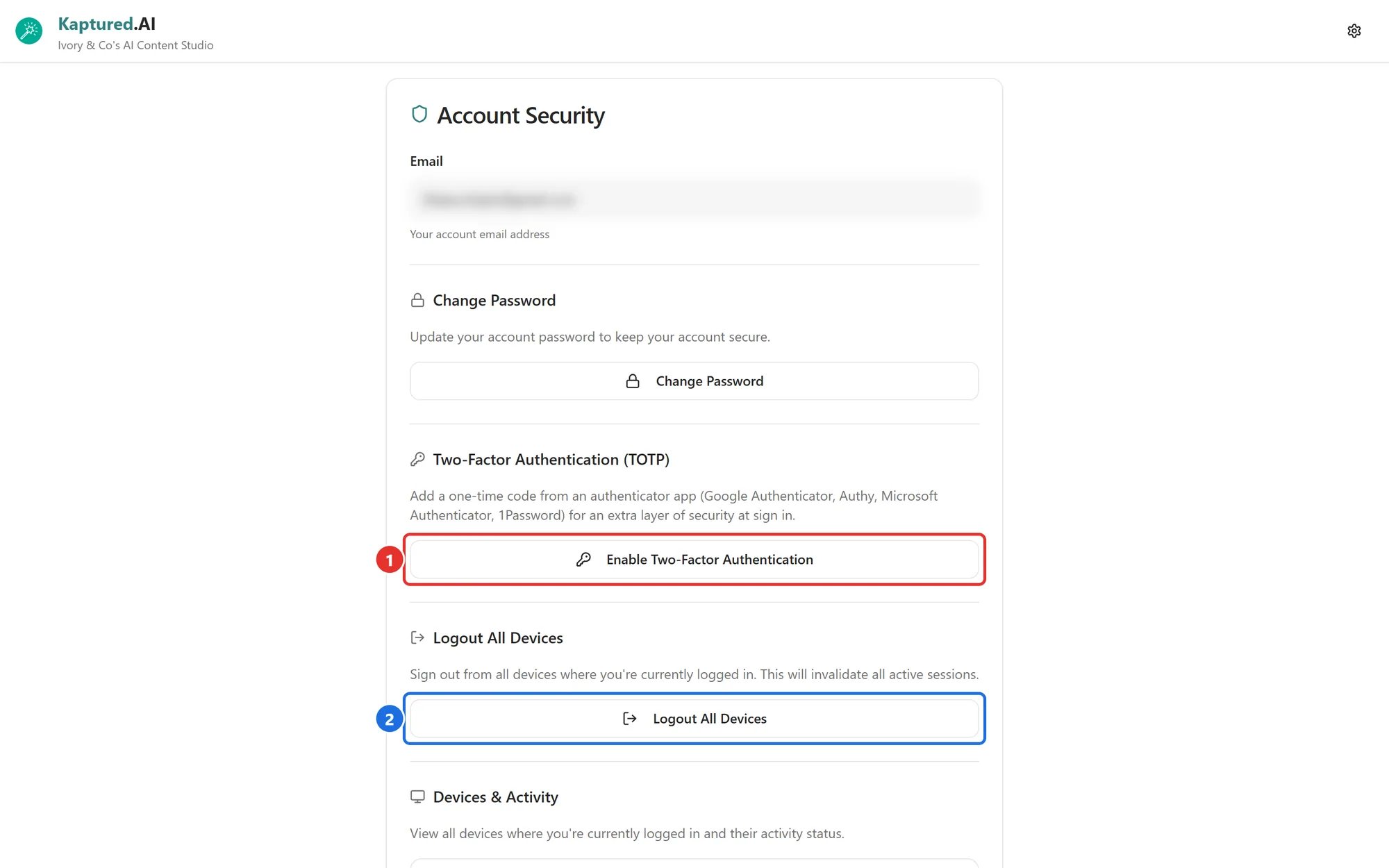 Account Security page with Change Password, Two-Factor Authentication and Logout All Devices sections