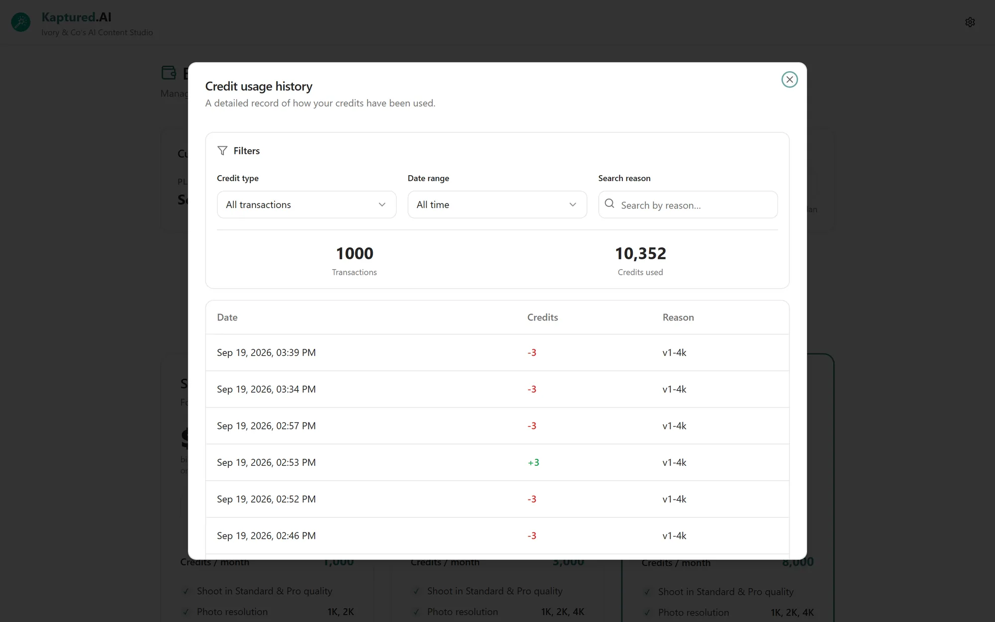 Credit usage history dialog with filters, totals and a list of credit transactions