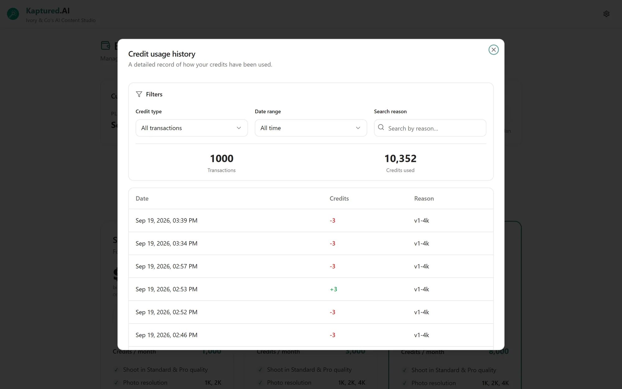 Credit usage history dialog with filters, totals and a list of credit transactions