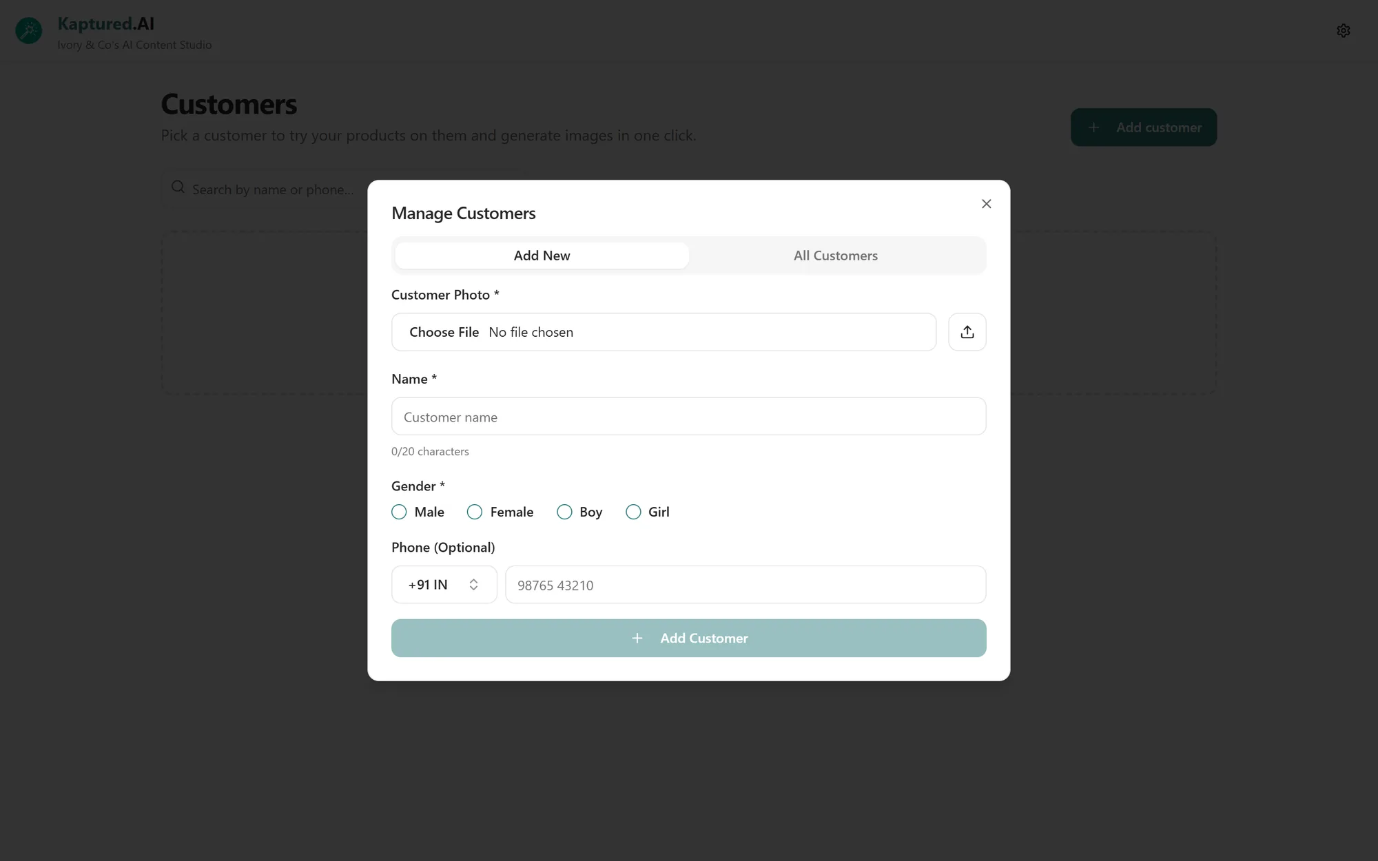 Manage Customers dialog on the Add New tab with photo, name, gender and phone fields