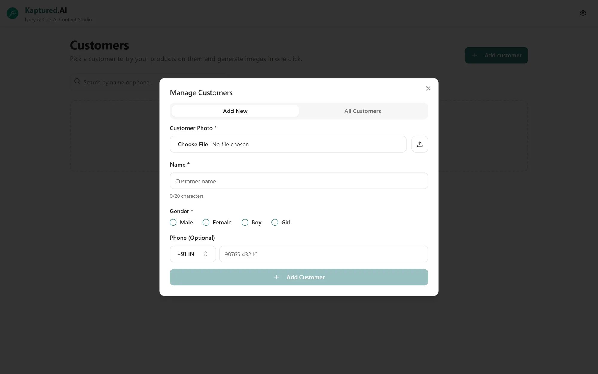 Manage Customers dialog on the Add New tab with photo, name, gender and phone fields