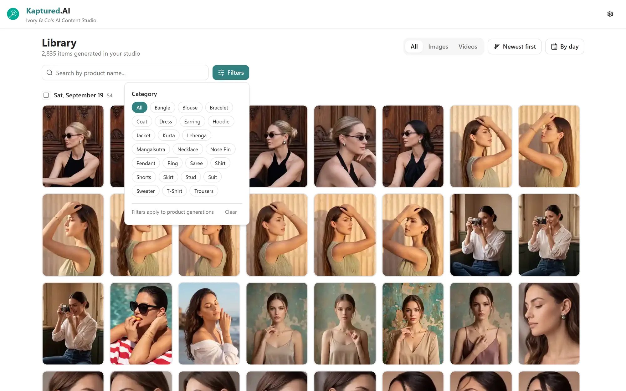 Library Filters popover with Category, Colors and Sizes chips