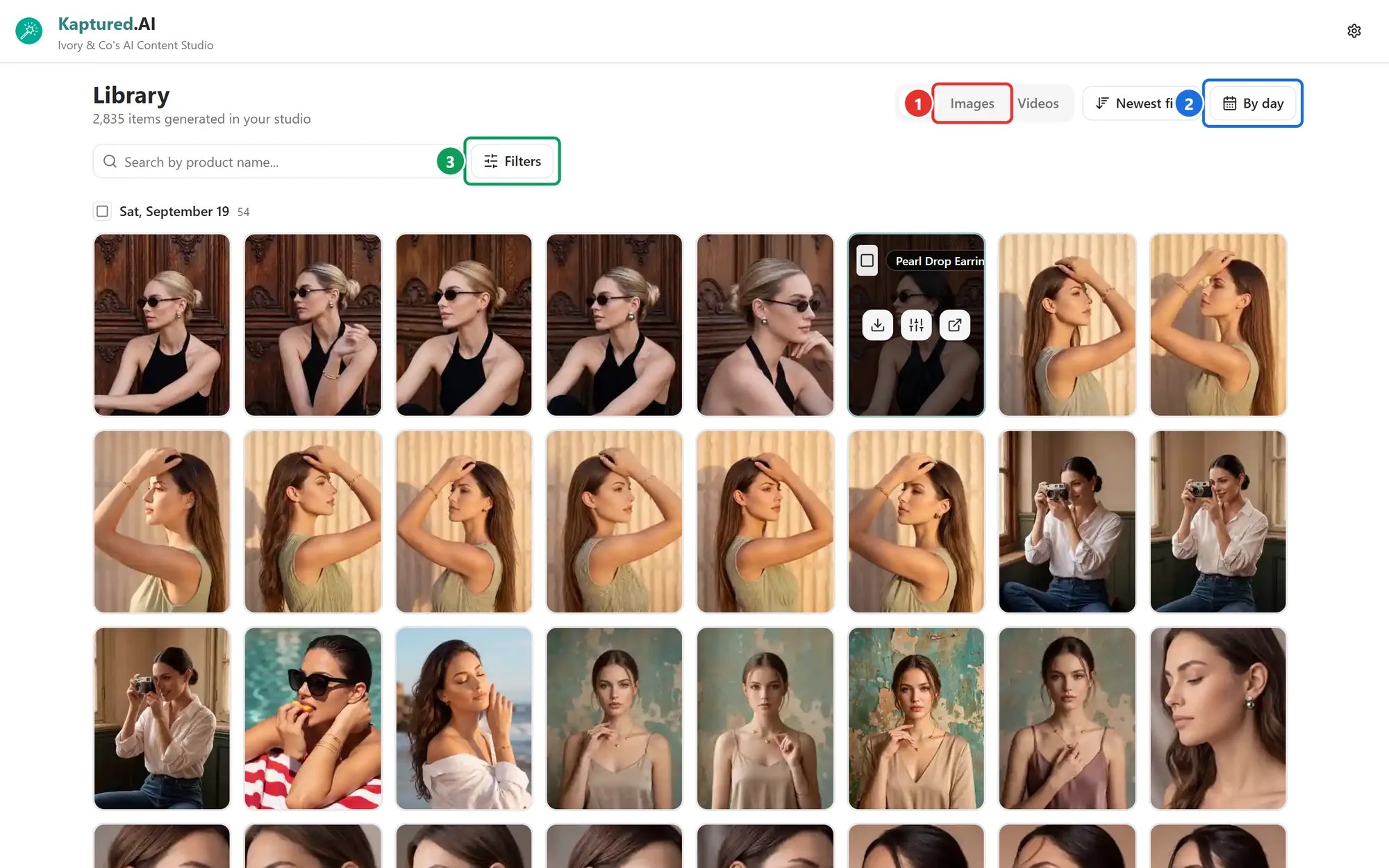 Library page with a grid of generated images grouped by day