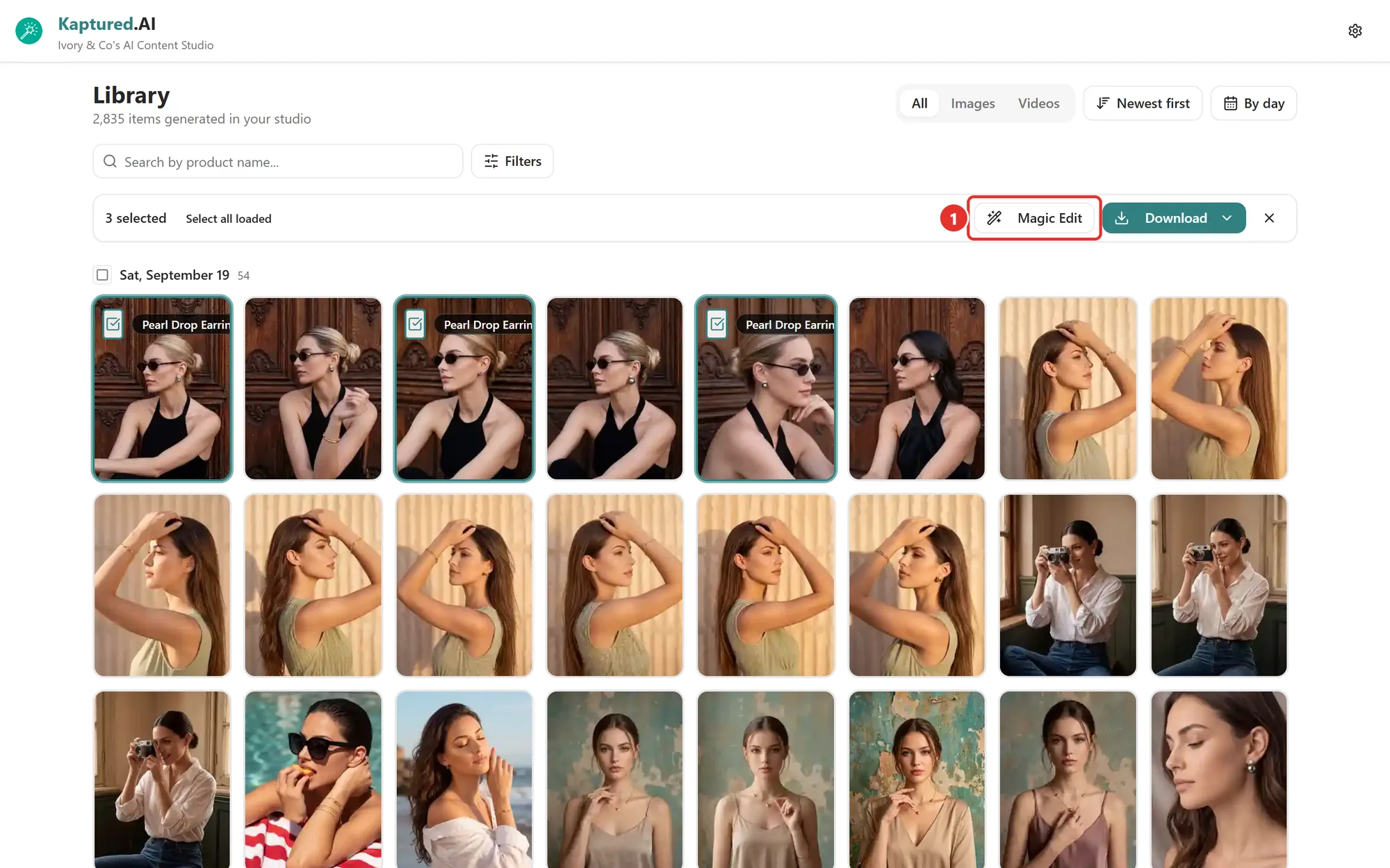 Library with three images selected and the bulk toolbar showing Magic Edit and Download