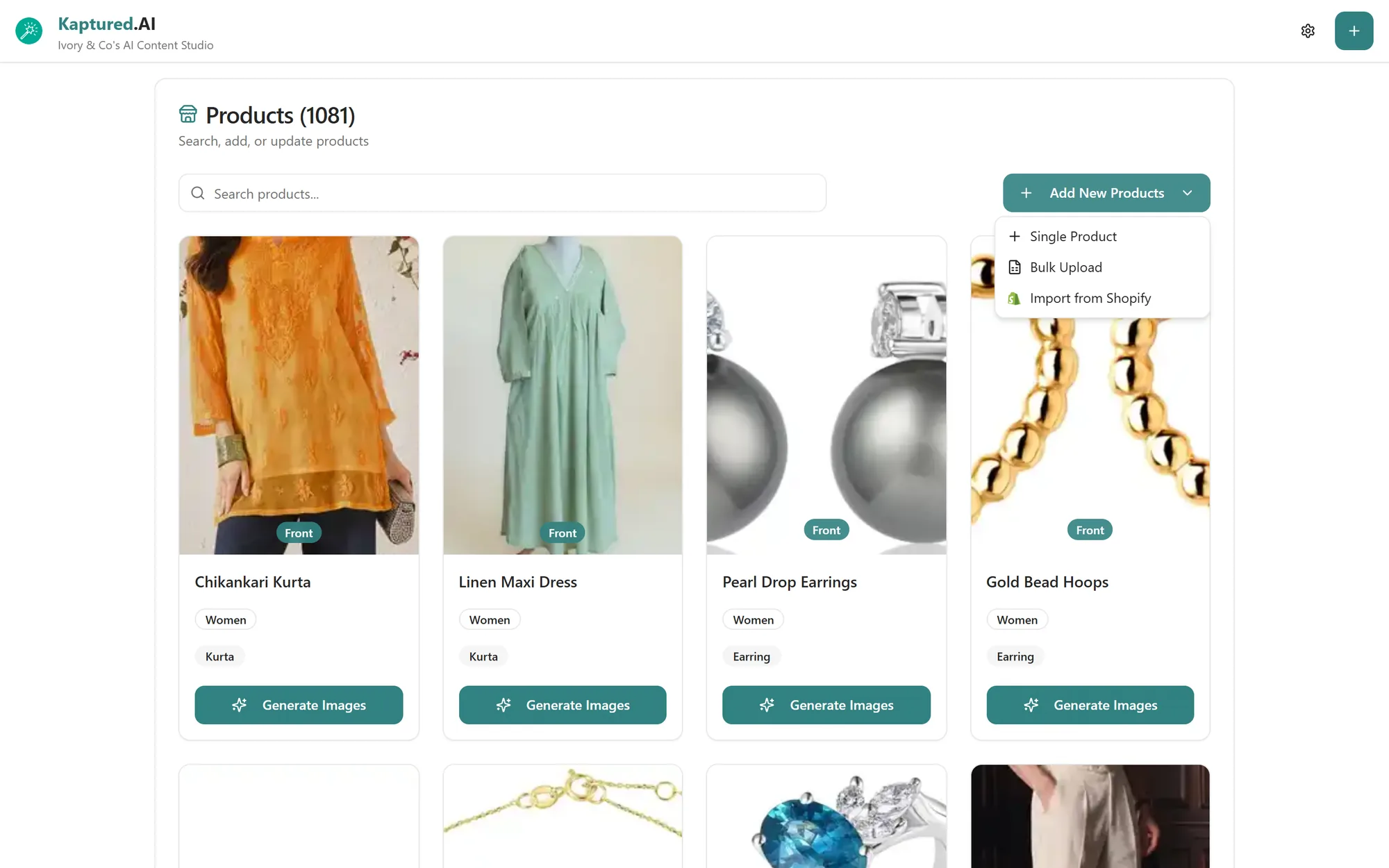 Add New Products menu open with Single Product, Bulk Upload and Import from Shopify