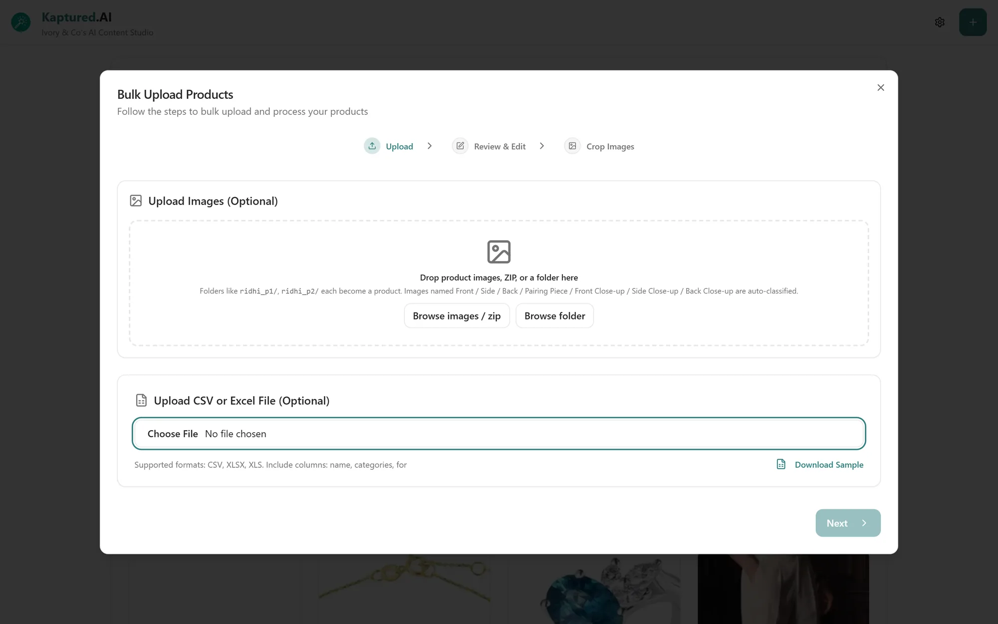 Bulk Upload Products dialog showing the image drop zone and the CSV or Excel upload
