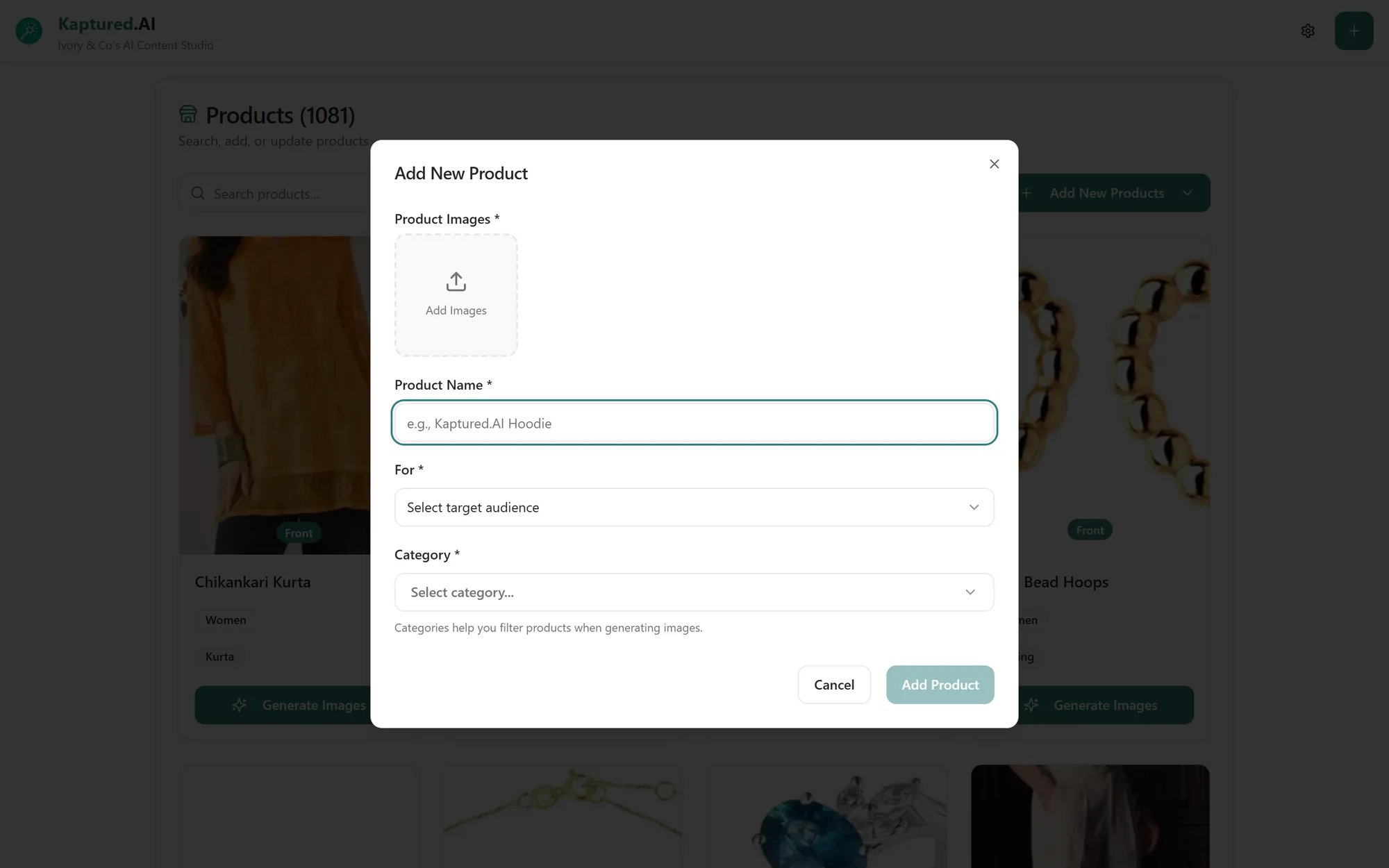 Add New Product dialog with Product Images, Product Name, For and Category fields
