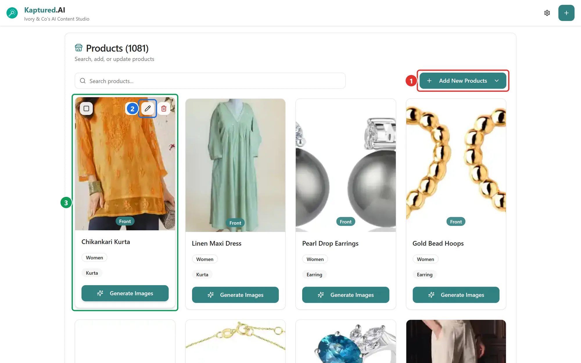 Products Management grid with product cards, hover buttons and Generate Images buttons