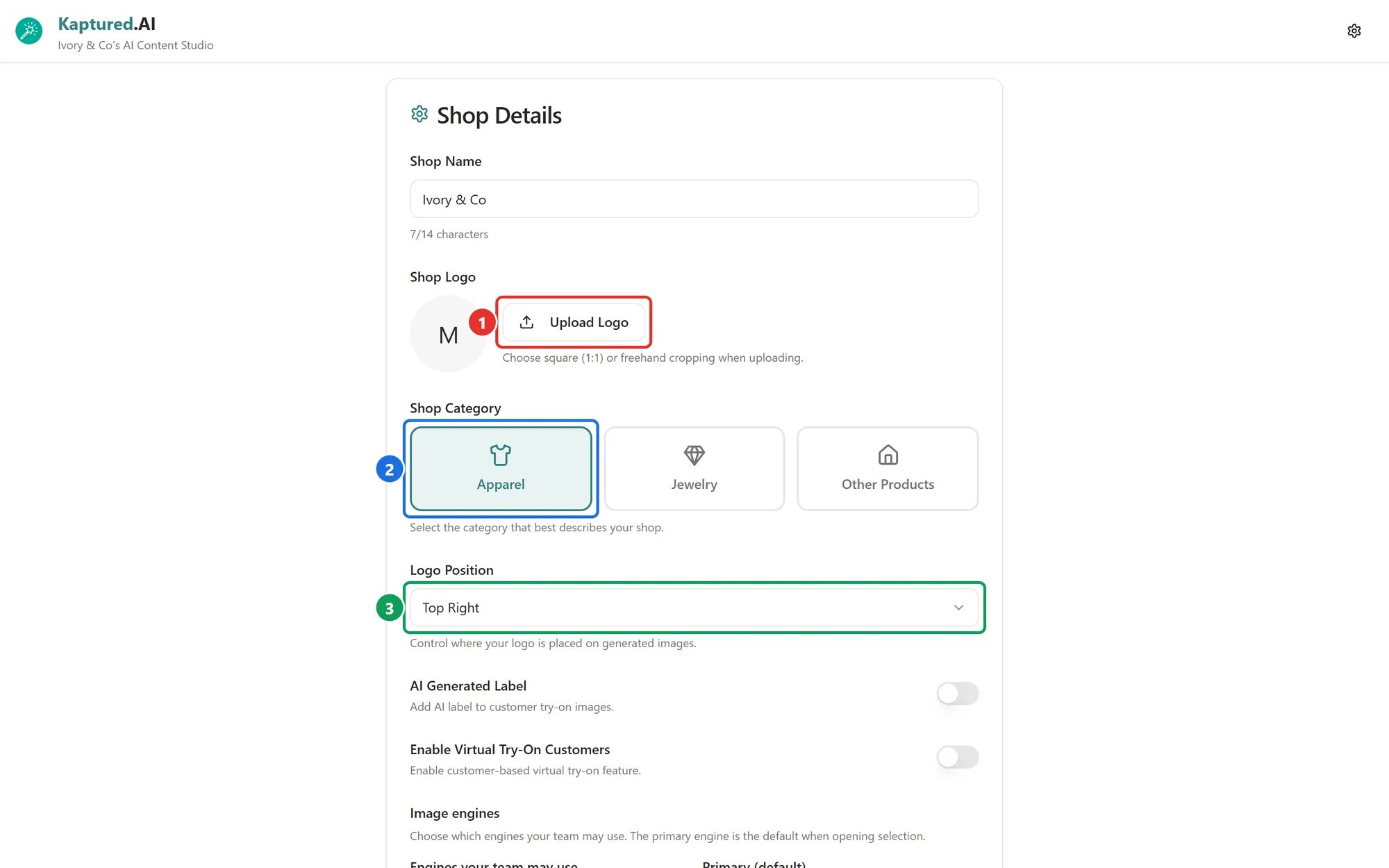 Shop Settings page showing shop name, logo upload, shop category and logo position