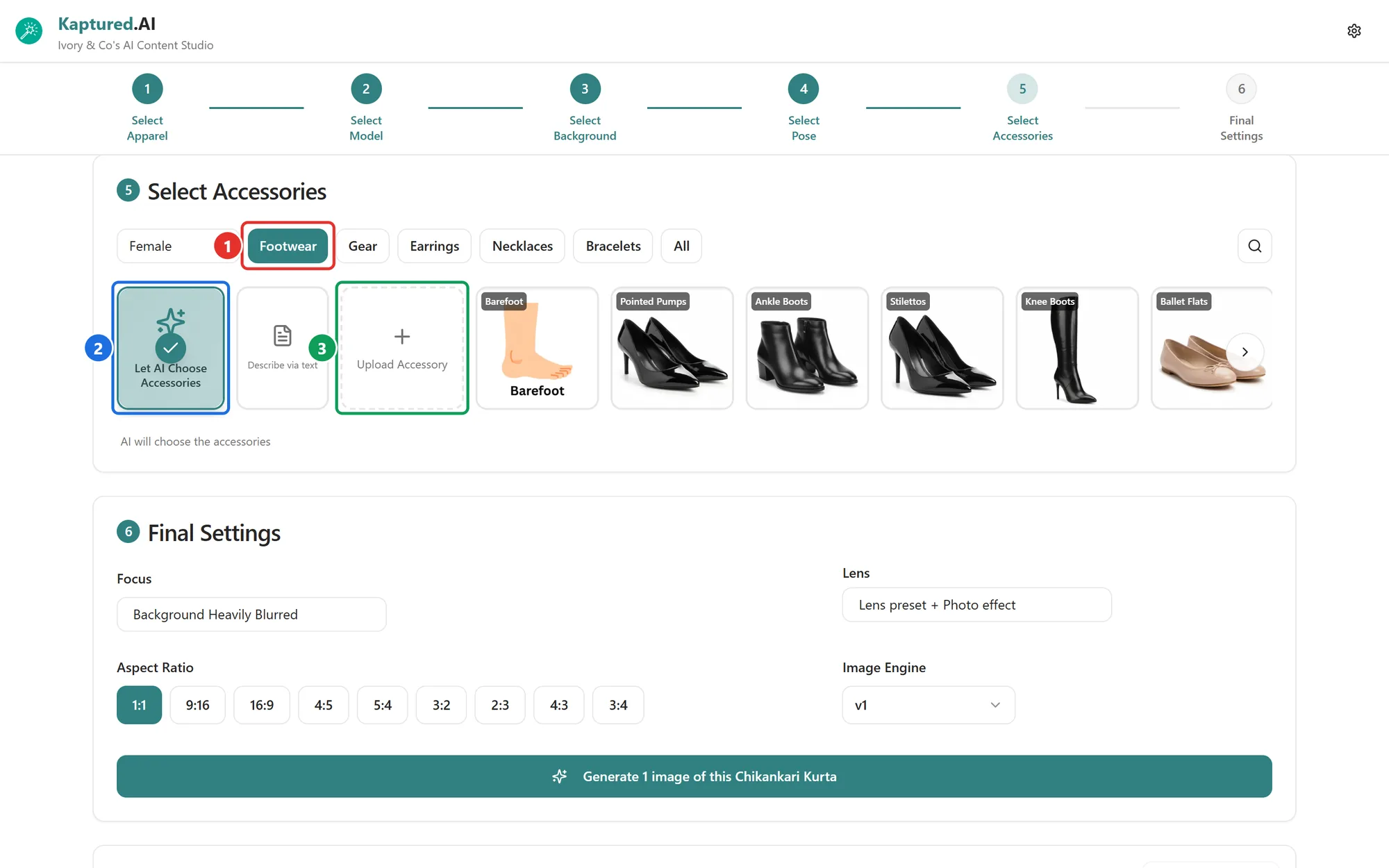 Select Accessories step with type filters, AI choice, Describe via text, Upload Accessory and footwear options