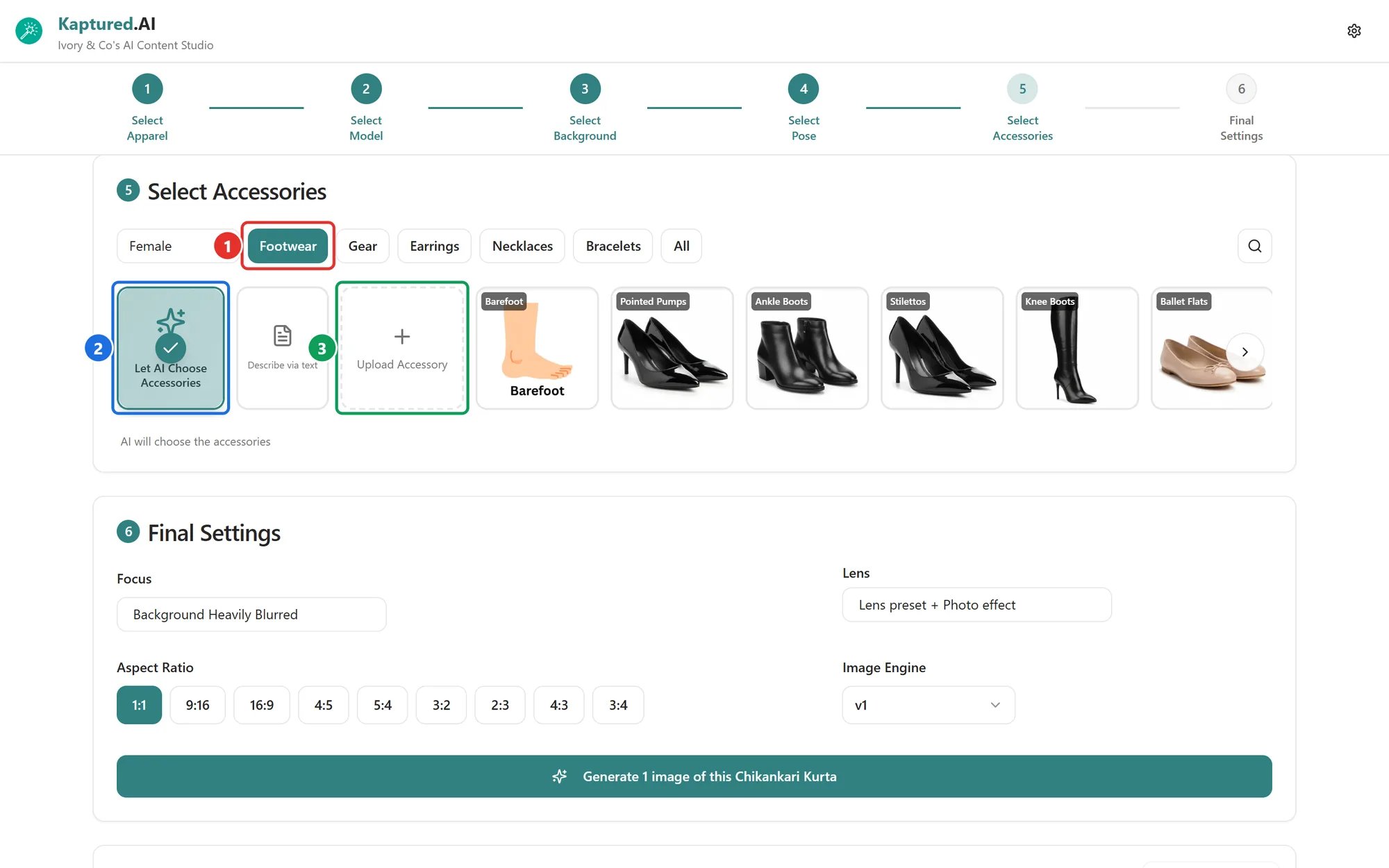 Select Accessories step with type filters, AI choice, Describe via text, Upload Accessory and footwear options