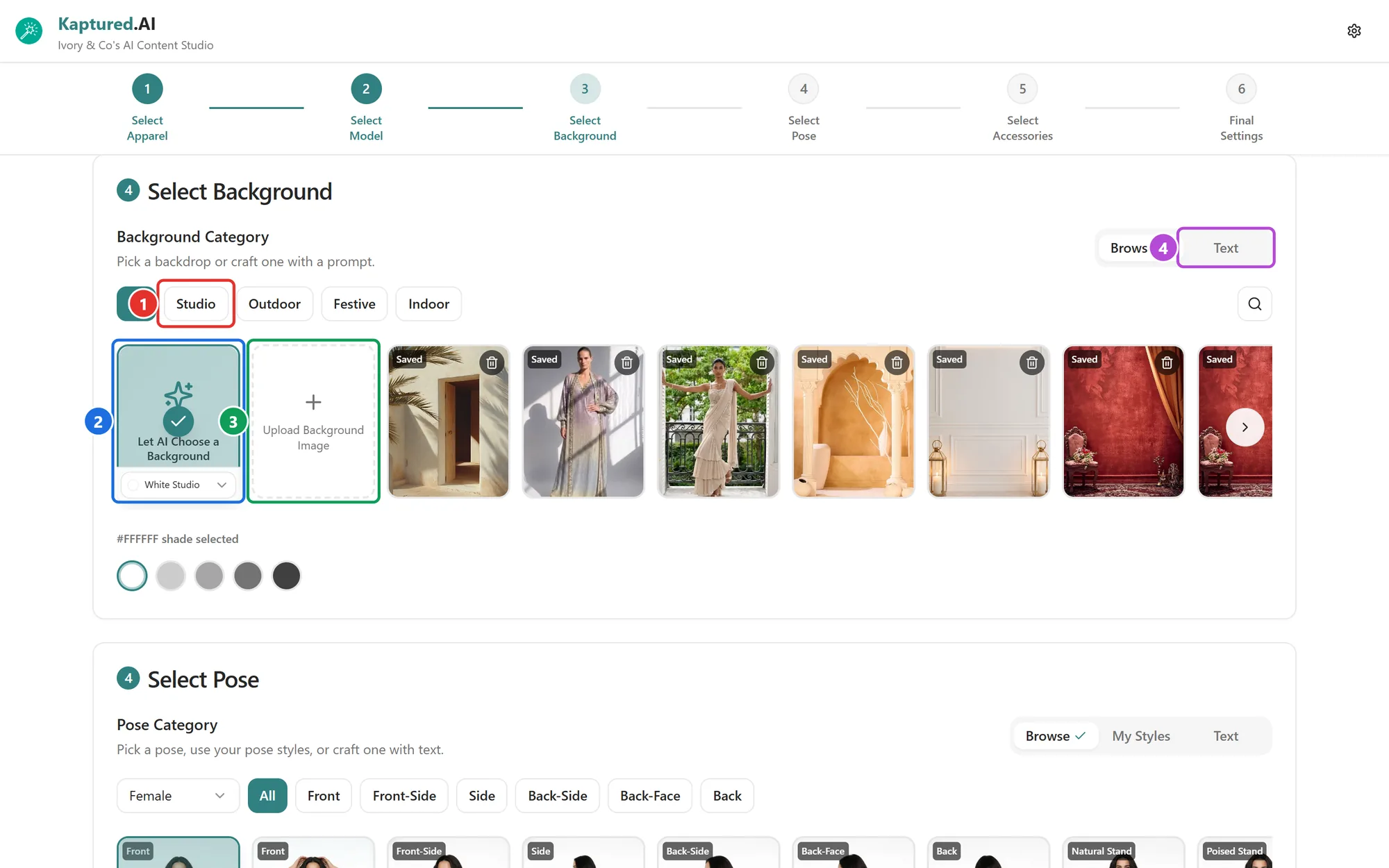 Select Background step with category chips, AI choice, upload tile, saved backgrounds and shade swatches