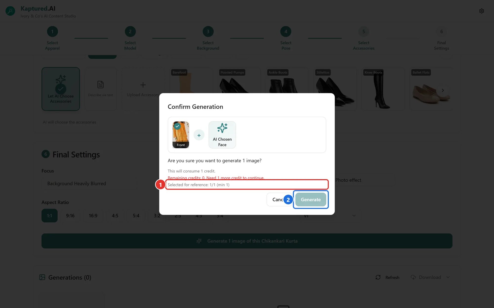 Confirm Generation dialog with product reference photos, credit cost and Generate button