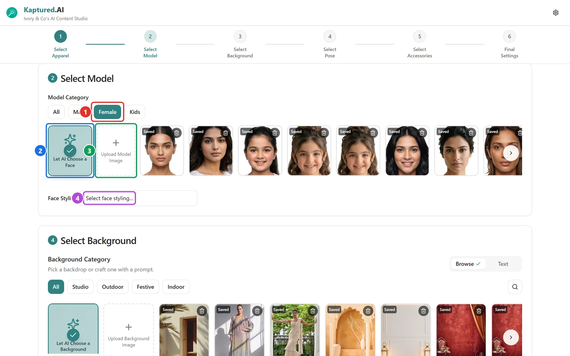 Select Model step with model category filters, AI choice, upload tile, saved faces and Face Styling