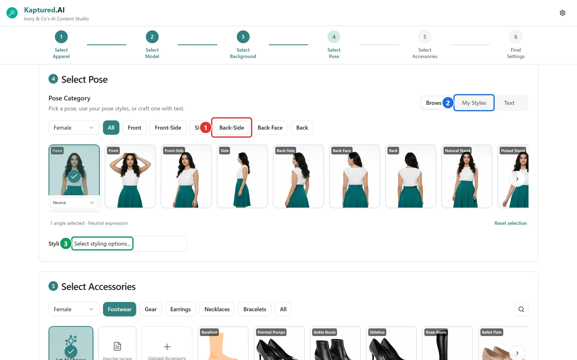 Select Pose step with view filters, pose thumbnails, Browse, My Styles and Text tabs and the Styling menu