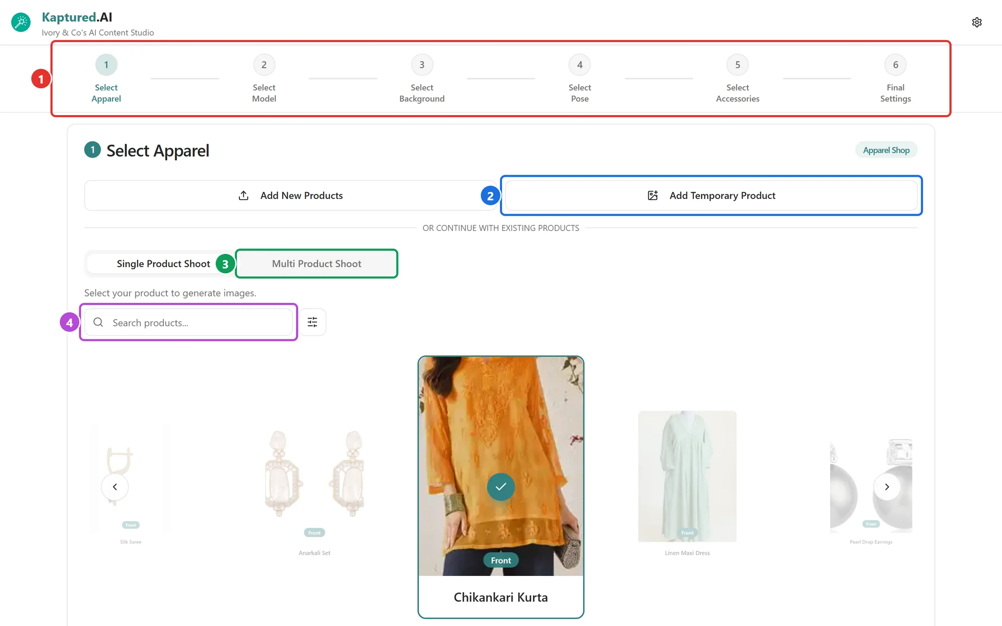AI Photo Studio with the step bar and the Select Apparel card