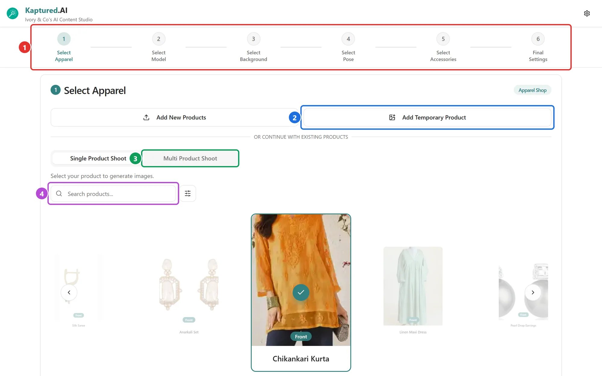 AI Photo Studio with the step bar and the Select Apparel card