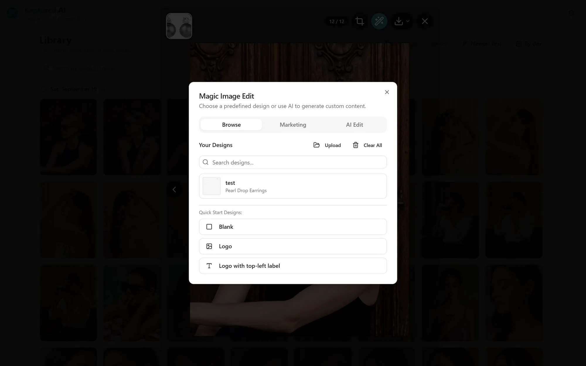 Magic Image Edit dialog with Browse, Marketing and AI Edit tabs and layout options
