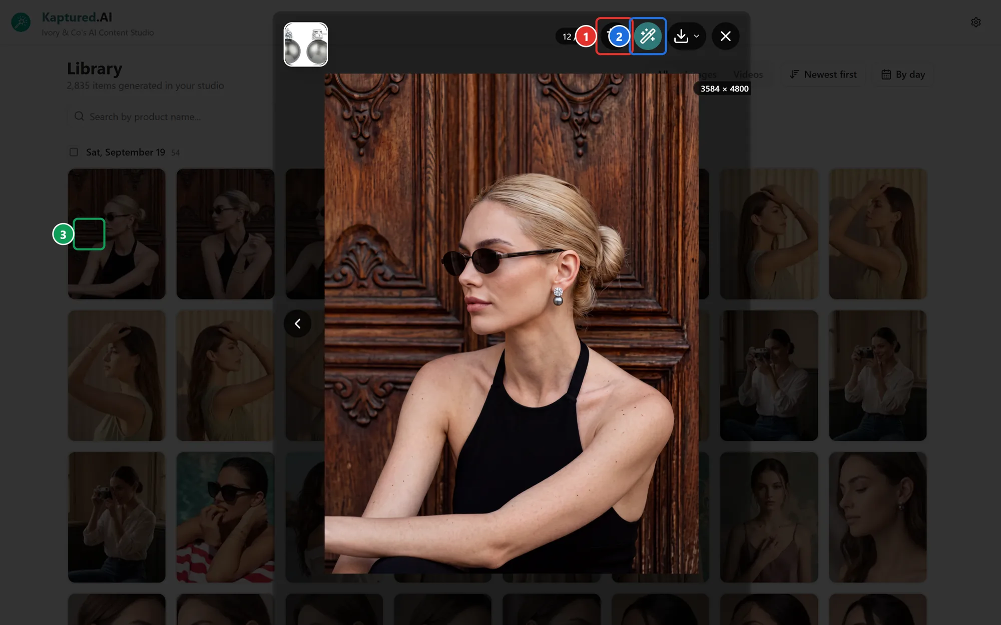 Full-screen image viewer with the crop, Magic Edit, download and close buttons