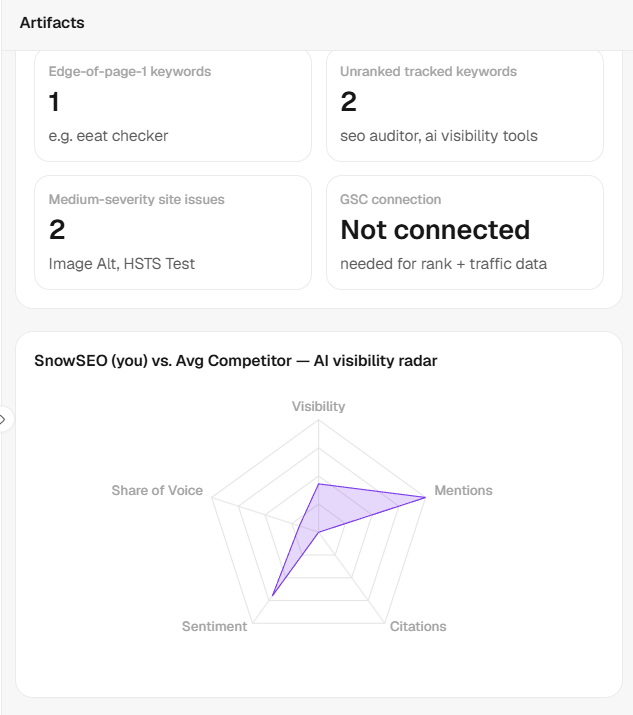 Snowy showing a chart and metric cards built from live data