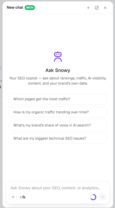 The Ask Snowy sidebar panel open over the dashboard