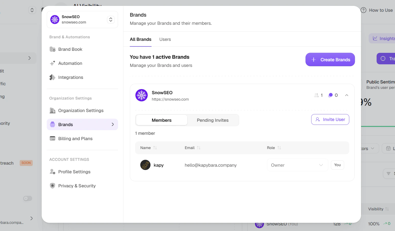 All Brands tab in Settings showing active brands and Create Brands button