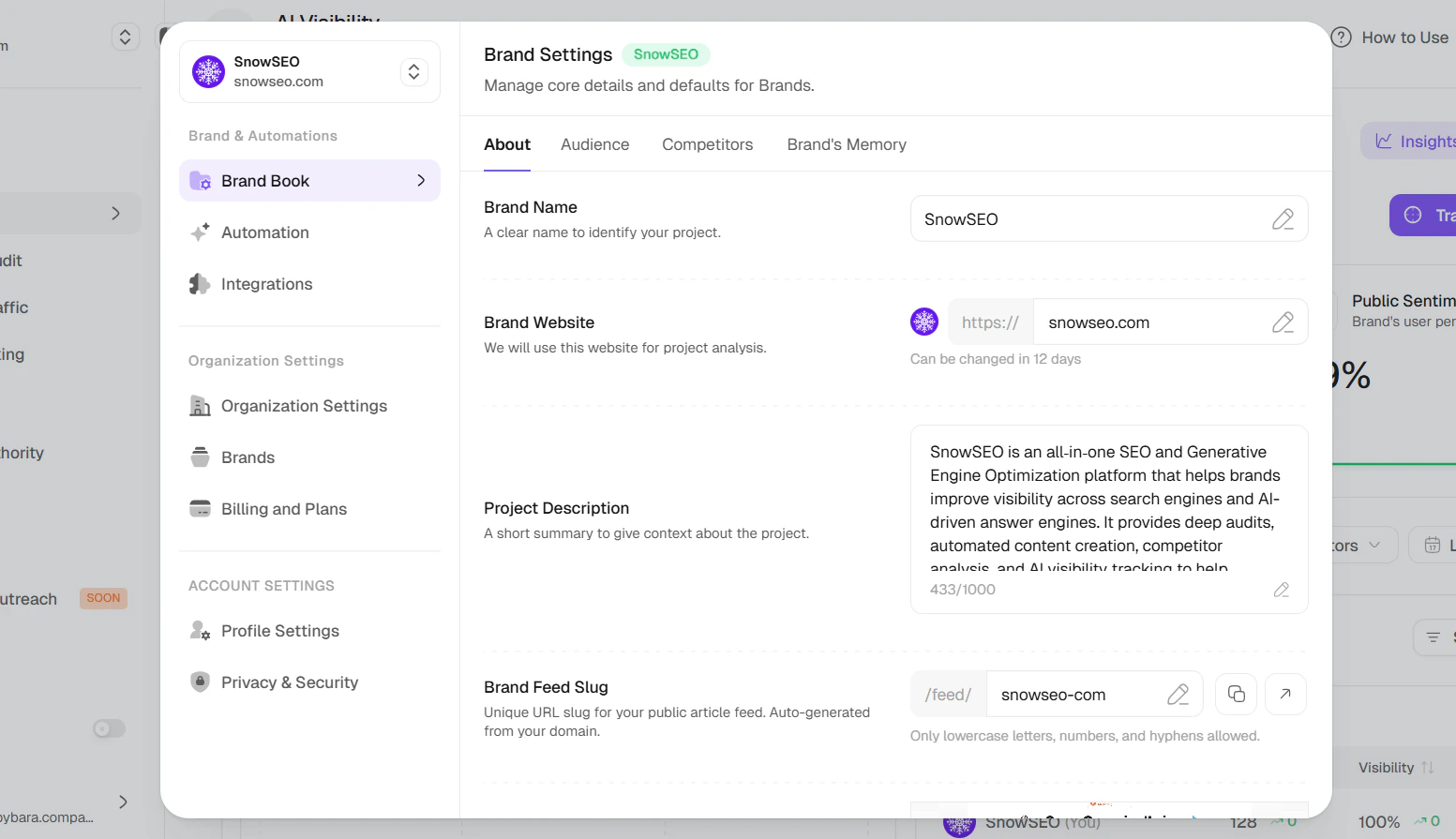 Brand Book About tab showing brand name, website, description, and feed slug fields