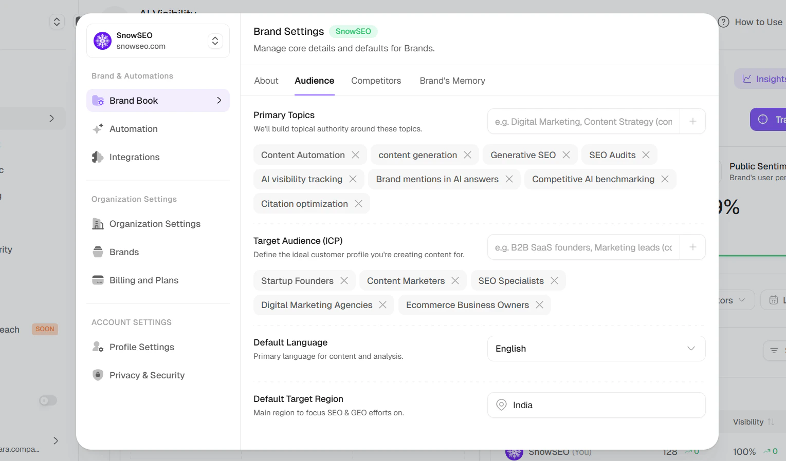 Brand Book Audience tab showing primary topics, target audience, language, and target region