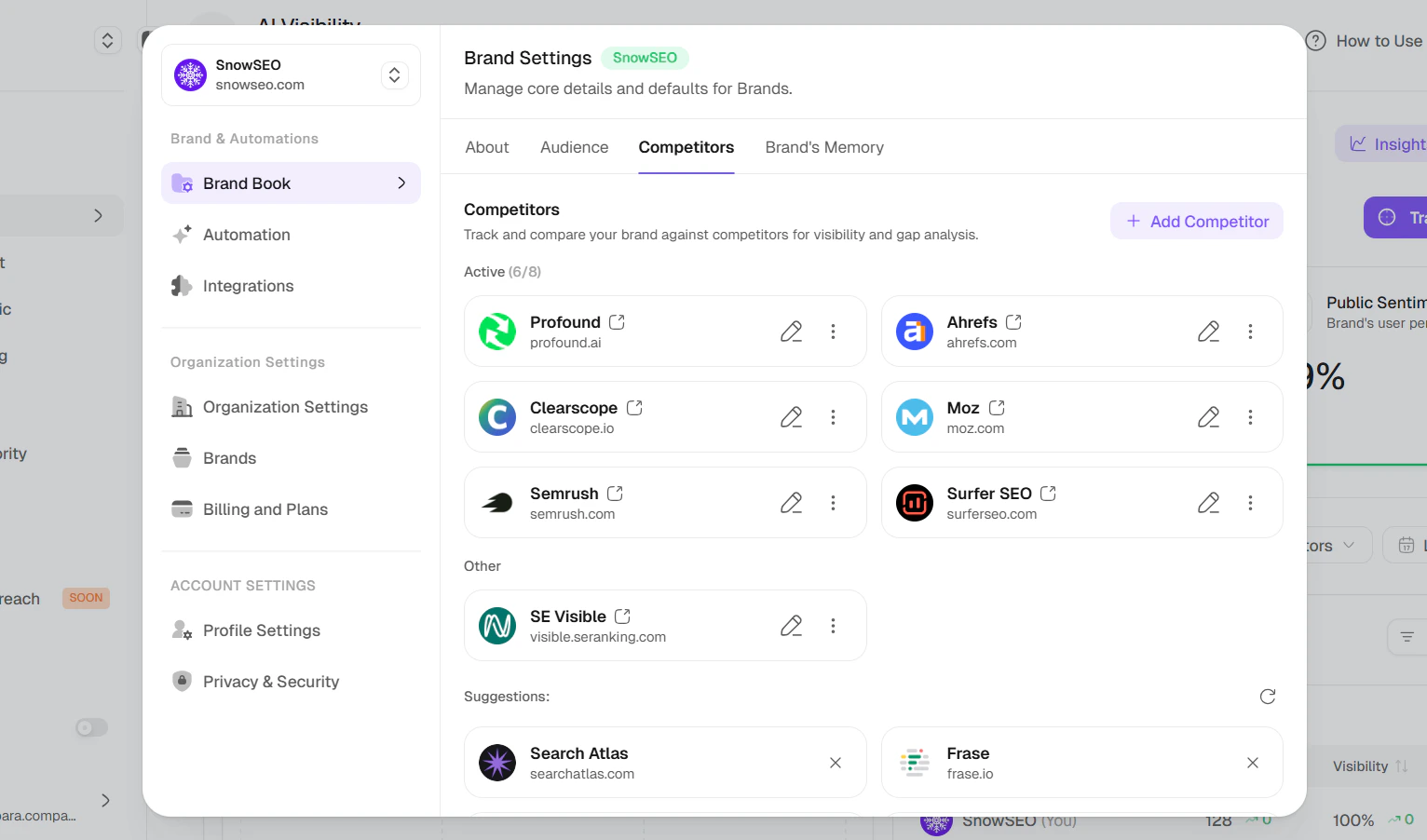 Brand Book Competitors tab showing active competitors, other competitors, and suggestions