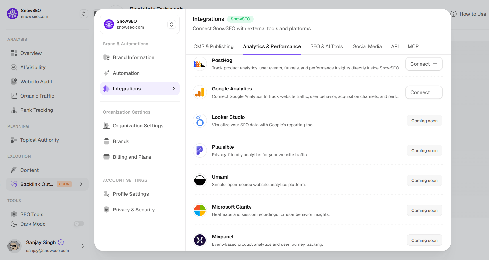 Analytics and Performance tab showing PostHog and Google Analytics integrations with Connect buttons