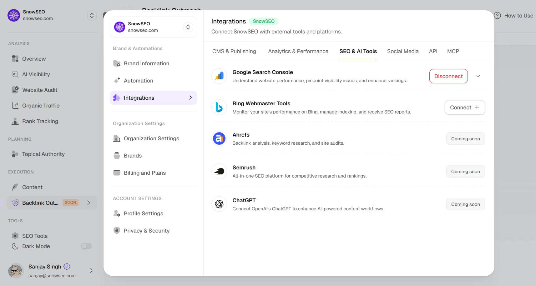 SEO and AI Tools tab showing a connected Google Search Console integration with account details and Bing Webmaster Tools