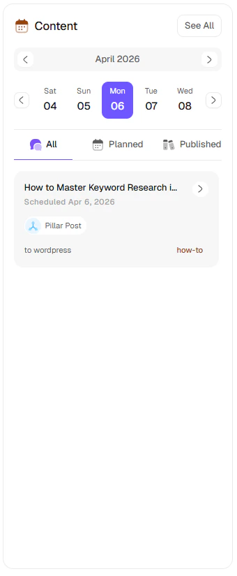 Content calendar panel with planned and published filters