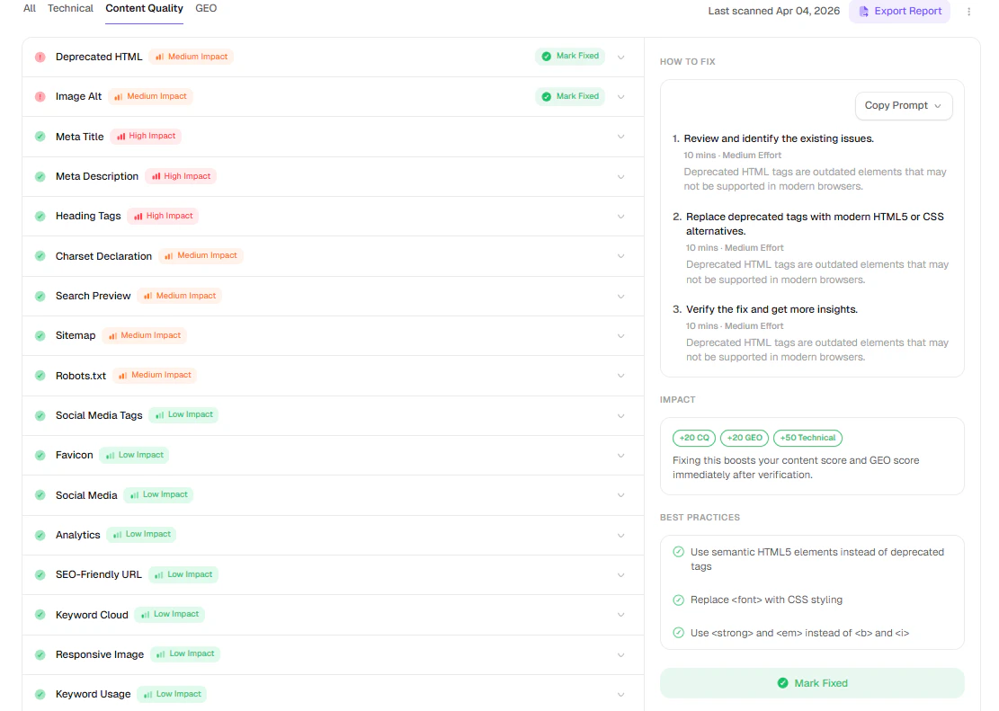 Content Quality tab in full audit report