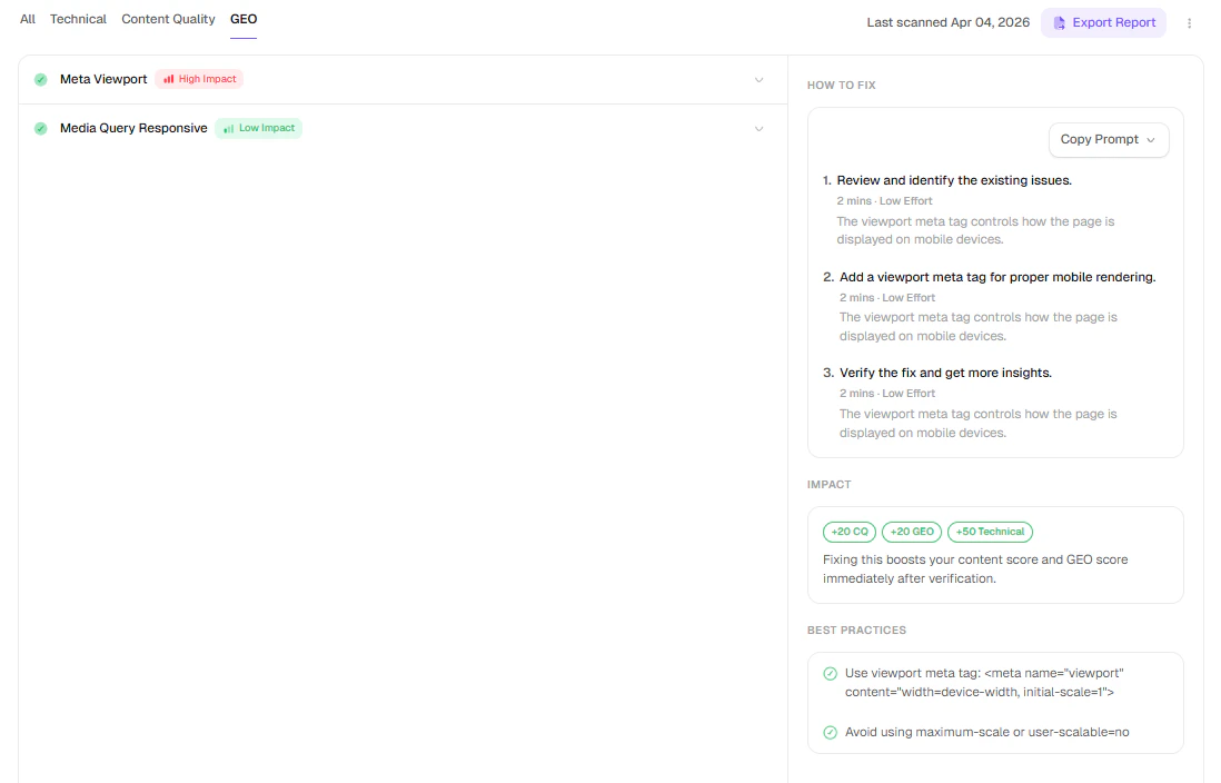 GEO tab in full audit report