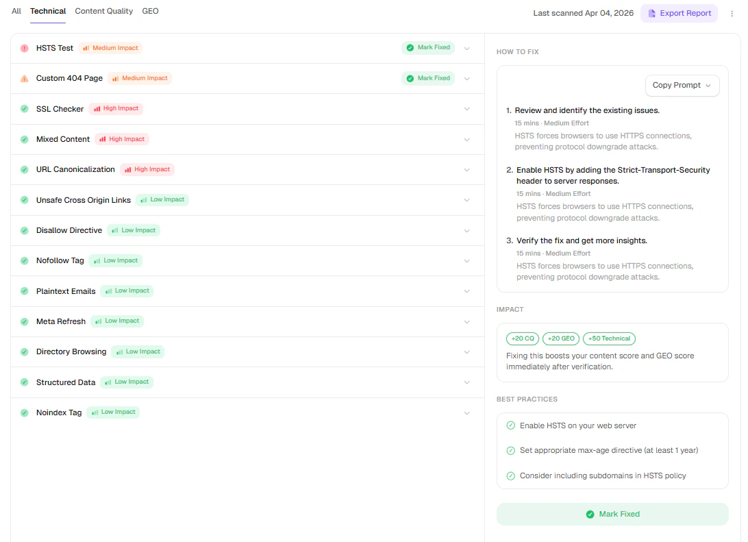 Technical tab in full audit report