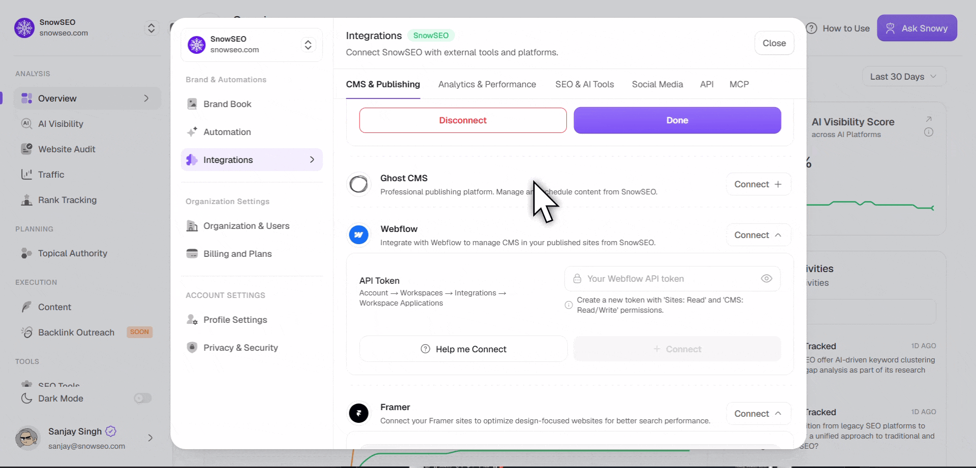 Ghost CMS connection flow showing Admin API key setup