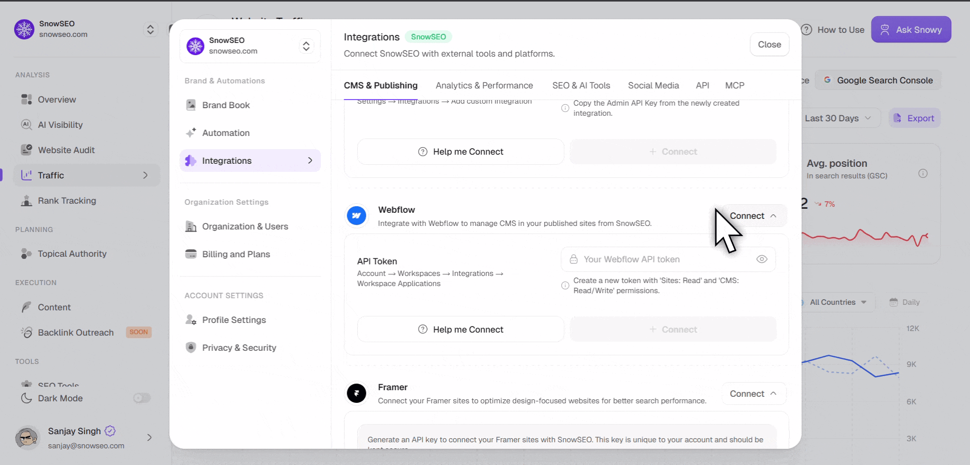 Webflow connection flow showing Site ID and API token setup