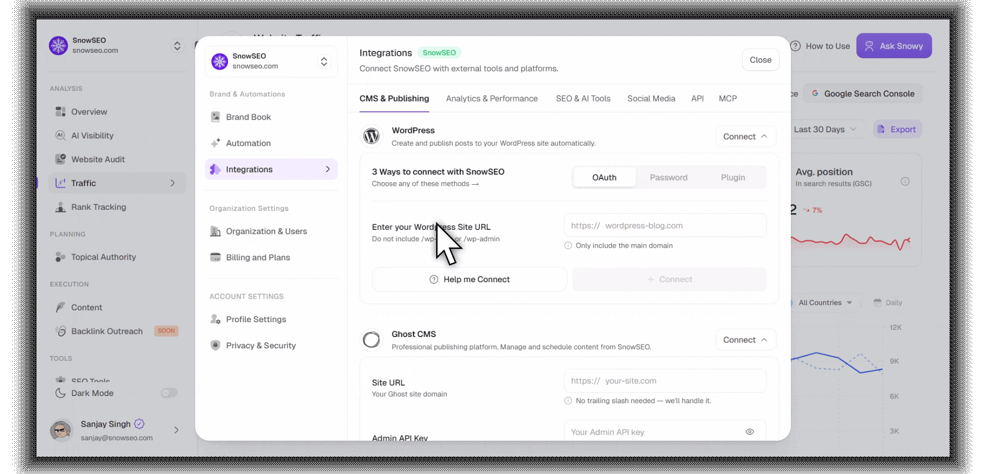 OAuth connection flow showing WordPress authorization window