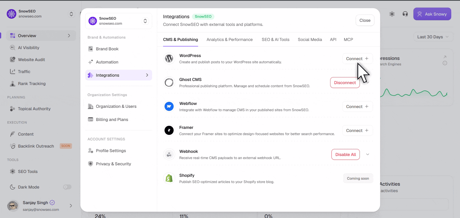 Plugin connection flow showing API key setup in WordPress