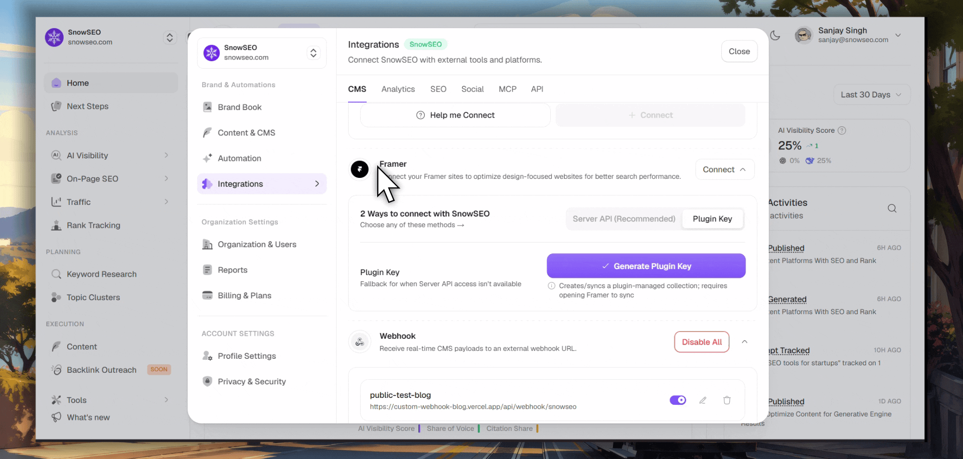 Framer Plugin Key connection flow showing key generation and plugin setup