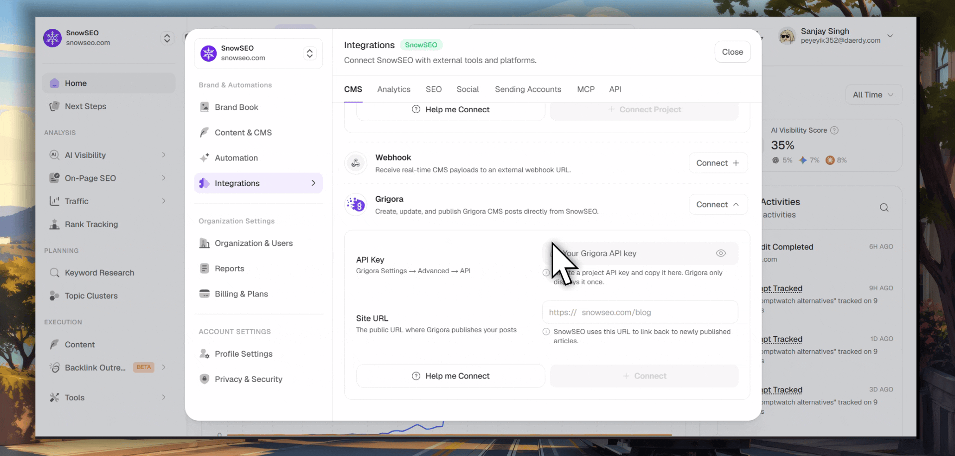 Grigora connection flow showing API key and site URL setup